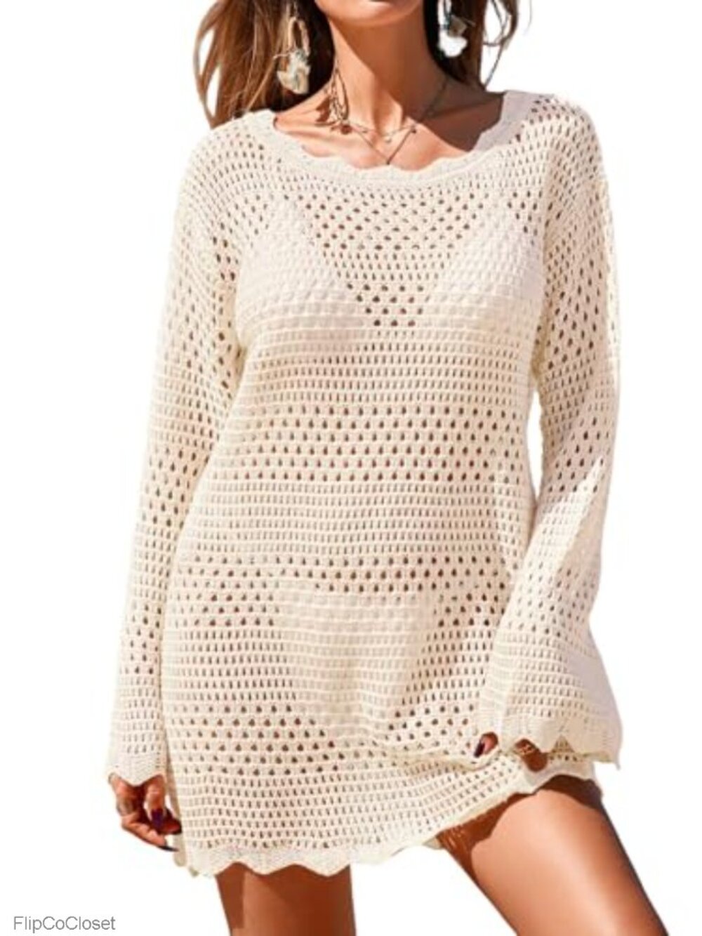 Crochet Mesh Swimsuit Cover Up Mini Dress Bell Sleeve Beach